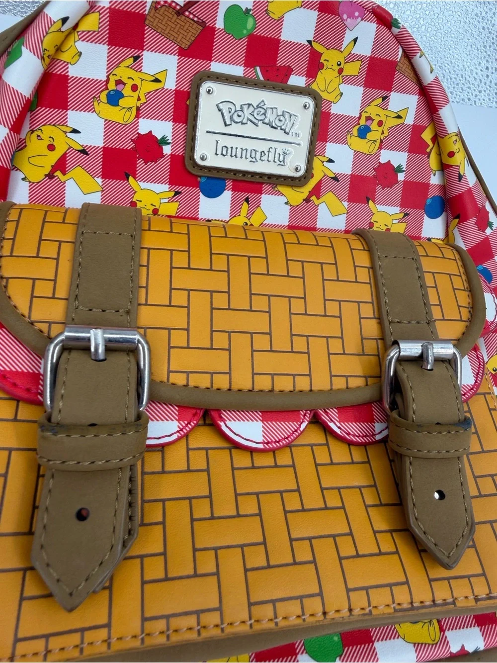 Loungefly Red Check Pikachu Picnic Mini Backpack with Brown Accents